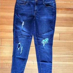 Lane Bryant Dark Blue Distressed Skinny Jeans with floral patch